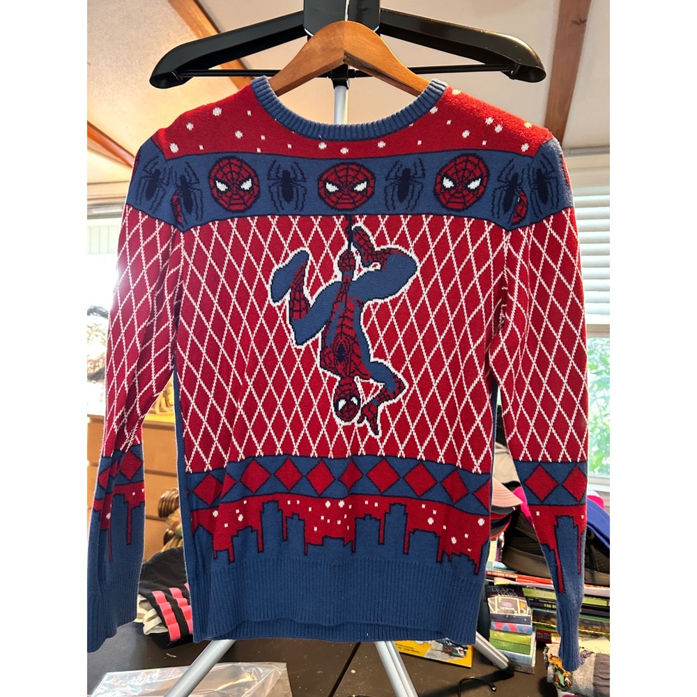 Kids Marvel Spider Man Ugly Christmas Sweater Long Sleeve Knit Red Blue Size M‎